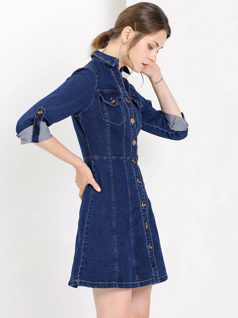 Allegra K Women's Denim Button Down Collar V-Neck Roll Up Sleeve Shirt Dress 13 Allegra K Women's Denim Button Down Collar V-Neck Roll Up Sleeve Shirt Dress