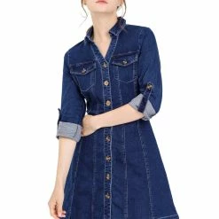 Allegra K Women's Denim Button Down Collar V-Neck Roll Up Sleeve Shirt Dress 34 Allegra K Women's Denim Button Down Collar V-Neck Roll Up Sleeve Shirt Dress