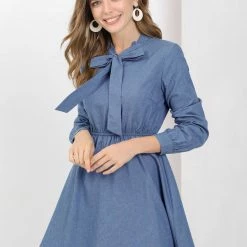 Allegra K Women's Work Tie Neck Long Sleeve Elastic Waisted Fit And Flare Denim Mini Dress