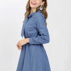 Allegra K Women's Work Tie Neck Long Sleeve Elastic Waisted Fit And Flare Denim Mini Dress