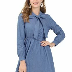 Allegra K Women's Work Tie Neck Long Sleeve Elastic Waisted Fit And Flare Denim Mini Dress