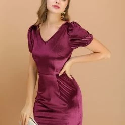 Allegra K Women's Velvet Bubble Sleeve V Neck A-Line Back Keyhole Short Dress