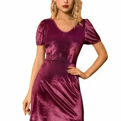 Allegra K Women's Velvet Bubble Sleeve V Neck A-Line Back Keyhole Short Dress
