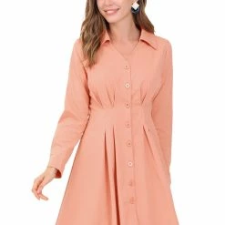 Allegra K Women's Cotton Turndown Collar V Neck Shirt Dress With Belt