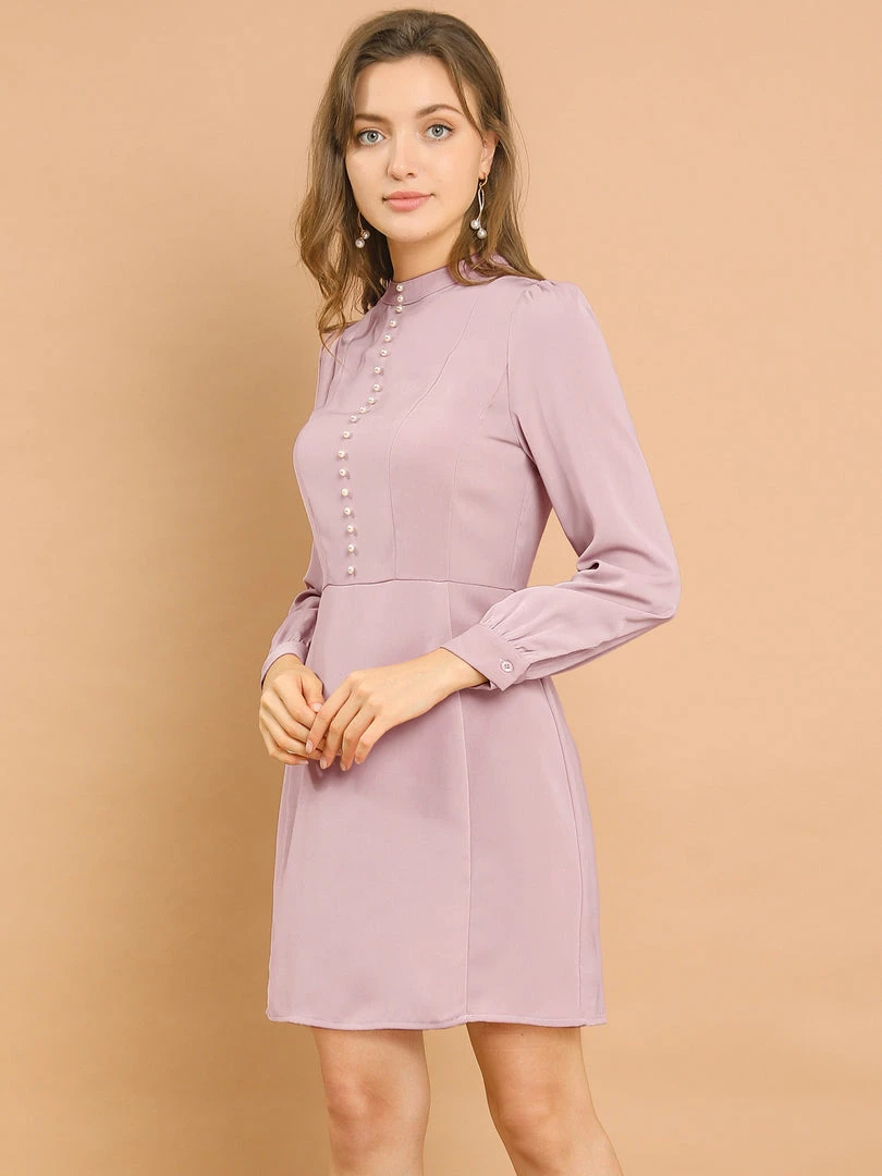 Allegra K Women's Elegant Mock Neck Faux Pearl Decor Puff Long Sleeves Sheath Dress 11 Allegra K Women's Elegant Mock Neck Faux Pearl Decor Puff Long Sleeves Sheath Dress