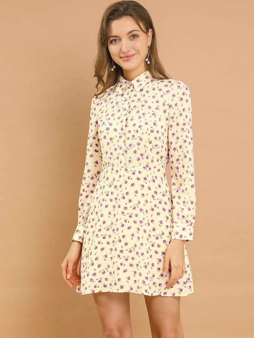 Allegra K Women's Dots Print Shirt Dress Half Placket Puff Long Sleeve Floral Print Shirtdress 5 Allegra K Women's Dots Print Shirt Dress Half Placket Puff Long Sleeve Floral Print Shirtdress