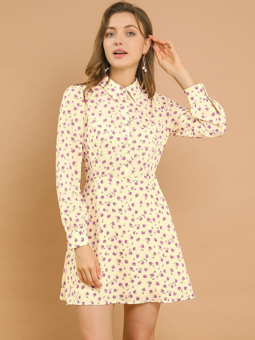 Allegra K Women's Dots Print Shirt Dress Half Placket Puff Long Sleeve Floral Print Shirtdress 6 Allegra K Women's Dots Print Shirt Dress Half Placket Puff Long Sleeve Floral Print Shirtdress