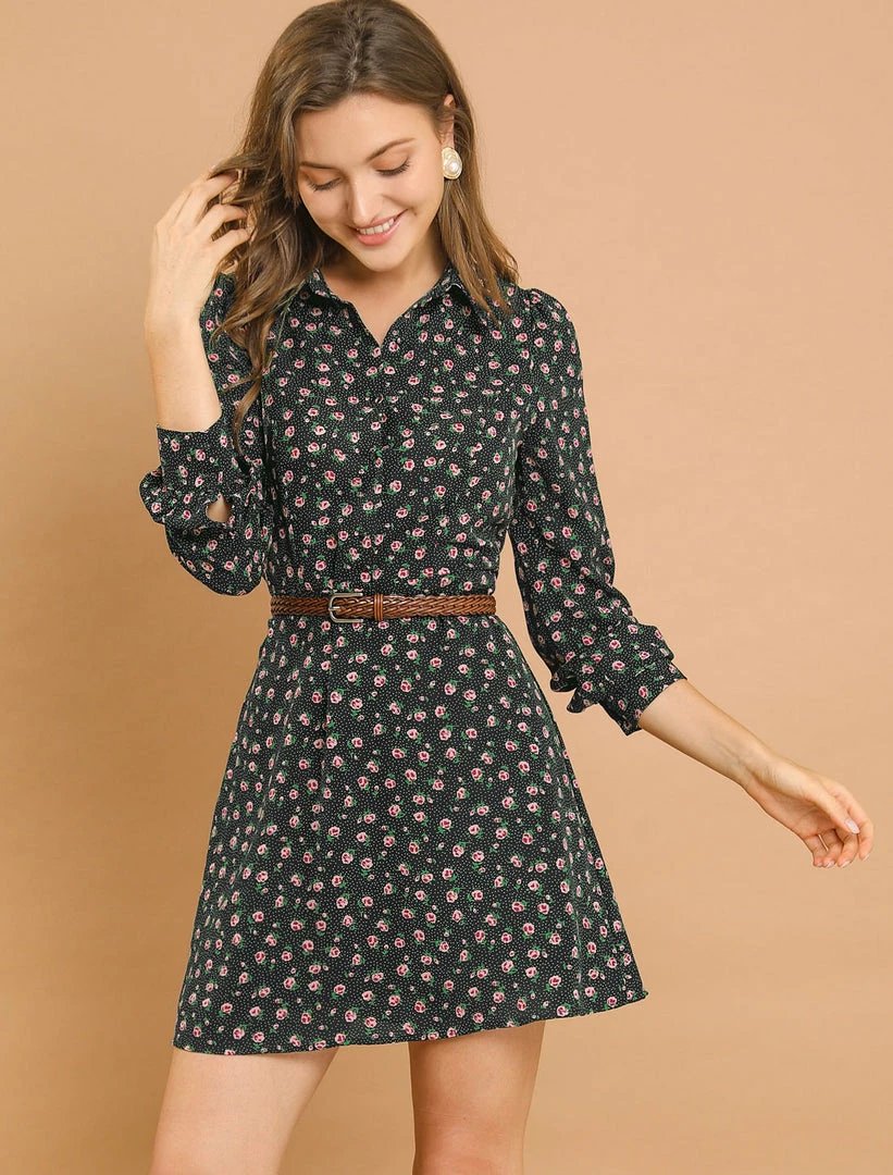 Allegra K Women's Dots Print Shirt Dress Half Placket Puff Long Sleeve Floral Print Shirtdress 12 Allegra K Women's Dots Print Shirt Dress Half Placket Puff Long Sleeve Floral Print Shirtdress