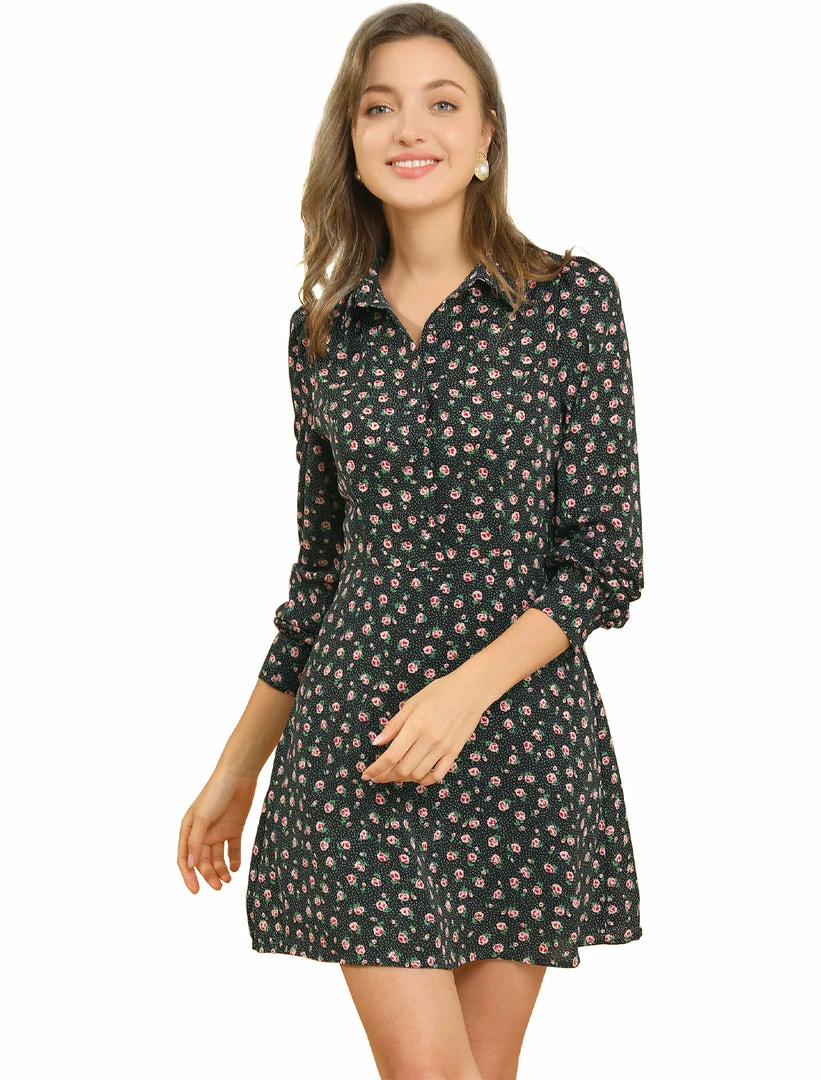 Allegra K Women's Dots Print Shirt Dress Half Placket Puff Long Sleeve Floral Print Shirtdress 11 Allegra K Women's Dots Print Shirt Dress Half Placket Puff Long Sleeve Floral Print Shirtdress