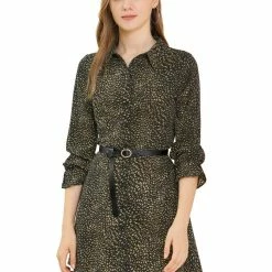 Allegra K Women's Lapel Long Sleeve Button Down Shirt Dress With Belt