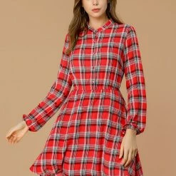 Allegra K Women's Vintage Plaid Elastic Waist Stand Collar Dress With Pockets 14 Allegra K Women's Vintage Plaid Elastic Waist Stand Collar Dress With Pockets