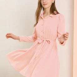 Allegra K Women's Button Front Camp Collar Elastic Waist A-Line Belted Dress