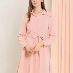 Allegra K Women's Button Front Camp Collar Elastic Waist A-Line Belted Dress