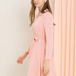 Allegra K Women's Button Front Camp Collar Elastic Waist A-Line Belted Dress