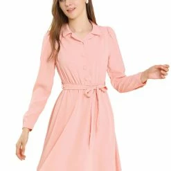 Allegra K Women's Button Front Camp Collar Elastic Waist A-Line Belted Dress