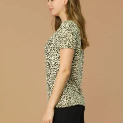 Allegra K Women's Animal Print Top Short Sleeve Pleated U-neck Knit Leopard T-shirt