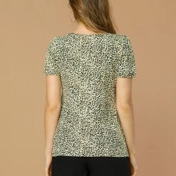 Allegra K Women's Animal Print Top Short Sleeve Pleated U-neck Knit Leopard T-shirt