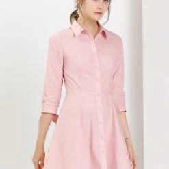 Allegra K Women's Turn Down Collar Button Down Cotton Skater Shirt Dress