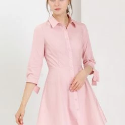 Allegra K Women's Turn Down Collar Button Down Cotton Skater Shirt Dress