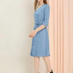 Allegra K Women's V Neck 3/4 Sleeve Button Down Shirt Dress With Belt 25 Allegra K Women's V Neck 3/4 Sleeve Button Down Shirt Dress With Belt
