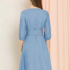 Allegra K Women's V Neck 3/4 Sleeve Button Down Shirt Dress With Belt 26 Allegra K Women's V Neck 3/4 Sleeve Button Down Shirt Dress With Belt