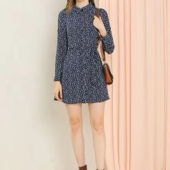 Allegra K Women's Casual Point Collar Long Sleeve Ditsy Floral Full Placket Mini Shirt Dress