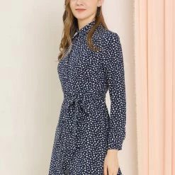 Allegra K Women's Casual Point Collar Long Sleeve Ditsy Floral Full Placket Mini Shirt Dress