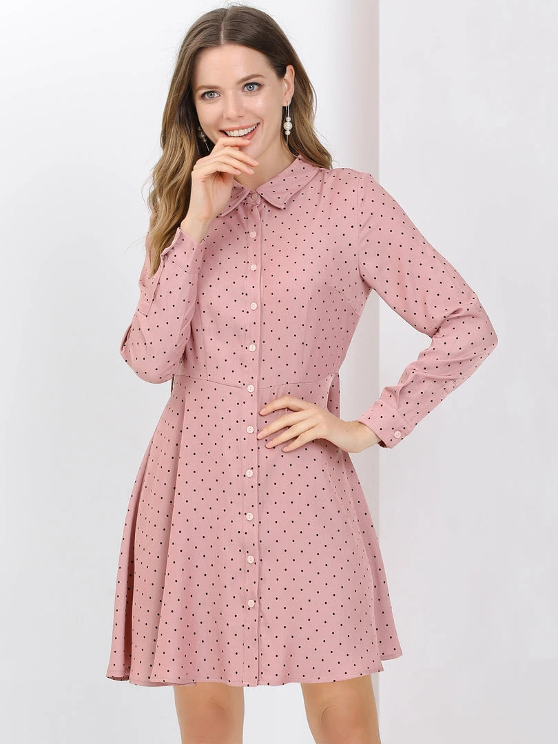 Allegra K Women's Polka Dots Long Sleeve Button Up A Line Shirt Dress 19 Allegra K Women's Polka Dots Long Sleeve Button Up A Line Shirt Dress