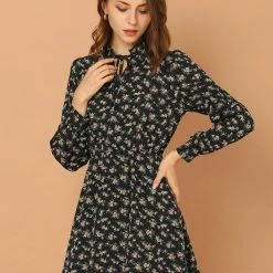 Allegra K Women's Floral Ruffle Tie Neck Puff Sleeves Vintage Dress