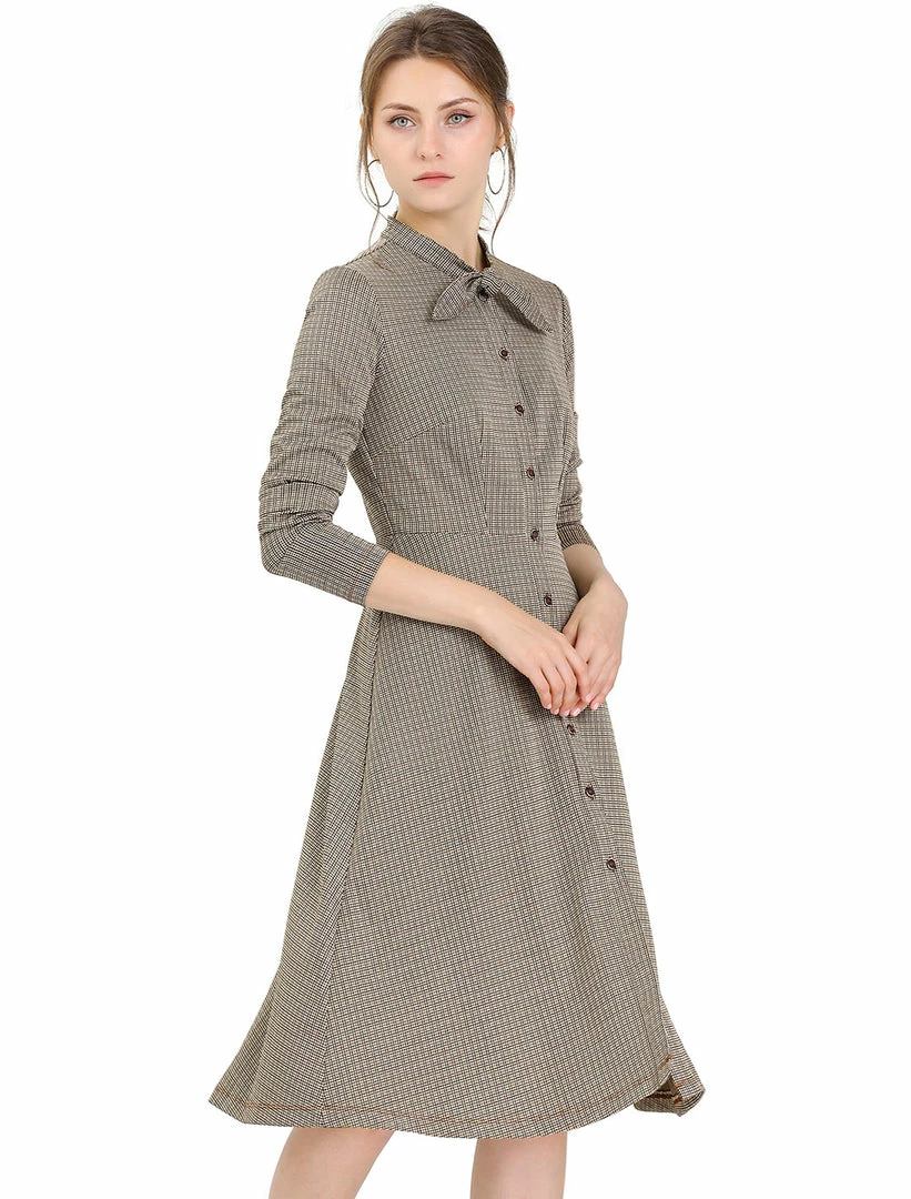 Allegra K Plaid Button Up Tie Neck Midi Dress 4 Allegra K Plaid Button Up Tie Neck Midi Dress