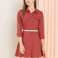 Allegra K Women's Cotton Dresses Casual Solid Long Sleeve Vintage Shirt Dress