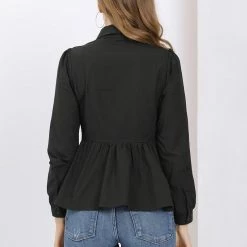 Allegra K Women's Puff Sleeve Cinched Waist Button Down Work Shirt