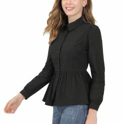 Allegra K Women's Puff Sleeve Cinched Waist Button Down Work Shirt