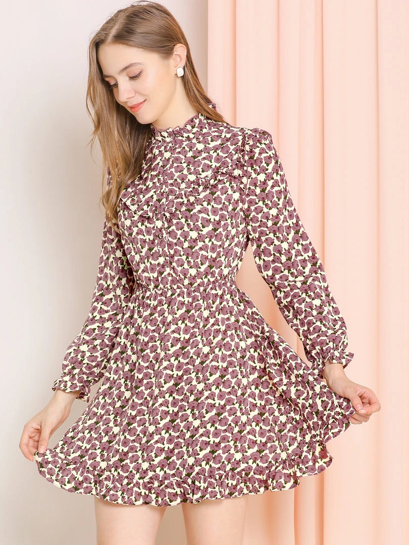 Allegra K Women's Ruffle Stand Collar Buttons Elastic Waist Floral Dress 11 Allegra K Women's Ruffle Stand Collar Buttons Elastic Waist Floral Dress
