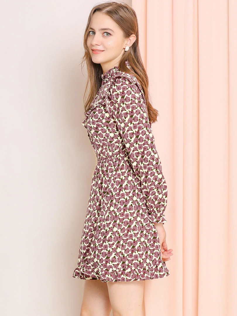 Allegra K Women's Ruffle Stand Collar Buttons Elastic Waist Floral Dress 13 Allegra K Women's Ruffle Stand Collar Buttons Elastic Waist Floral Dress