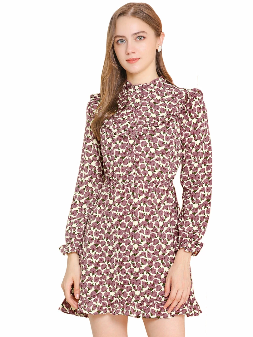 Allegra K Women's Ruffle Stand Collar Buttons Elastic Waist Floral Dress 10 Allegra K Women's Ruffle Stand Collar Buttons Elastic Waist Floral Dress