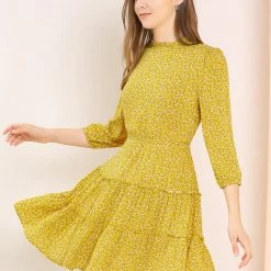 Allegra K Women's Ruffle Neck 3/4 Sleeve A-Line Vintage Floral Tiered Dress