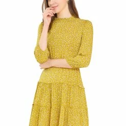 Allegra K Women's Ruffle Neck 3/4 Sleeve A-Line Vintage Floral Tiered Dress