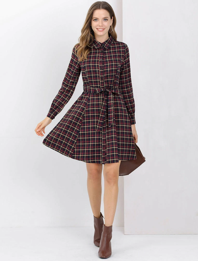 Allegra K Women's Plaid Lantern Sleeve Waist Belt Aline Dress 18 Allegra K Women's Plaid Lantern Sleeve Waist Belt Aline Dress
