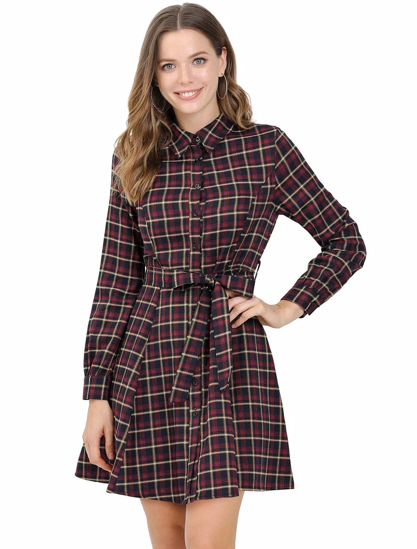 Allegra K Women's Plaid Lantern Sleeve Waist Belt Aline Dress 17 Allegra K Women's Plaid Lantern Sleeve Waist Belt Aline Dress