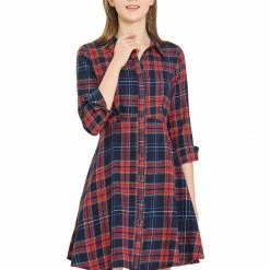 Allegra K Women's Plaid Button Up Point Collar Fit And Flare Full Placket Tunic Dress Long Sleeve Turndown Collar