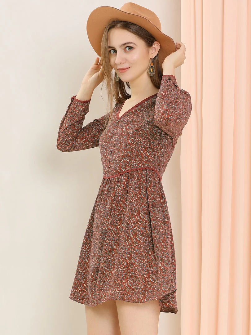 Allegra K Women's Floral V Neck Lace Trim Button Decor Prairie Dress 5 Allegra K Women's Floral V Neck Lace Trim Button Decor Prairie Dress