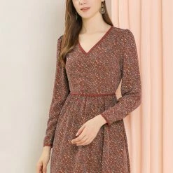 Allegra K Women's Floral V Neck Lace Trim Button Decor Prairie Dress 14 Allegra K Women's Floral V Neck Lace Trim Button Decor Prairie Dress