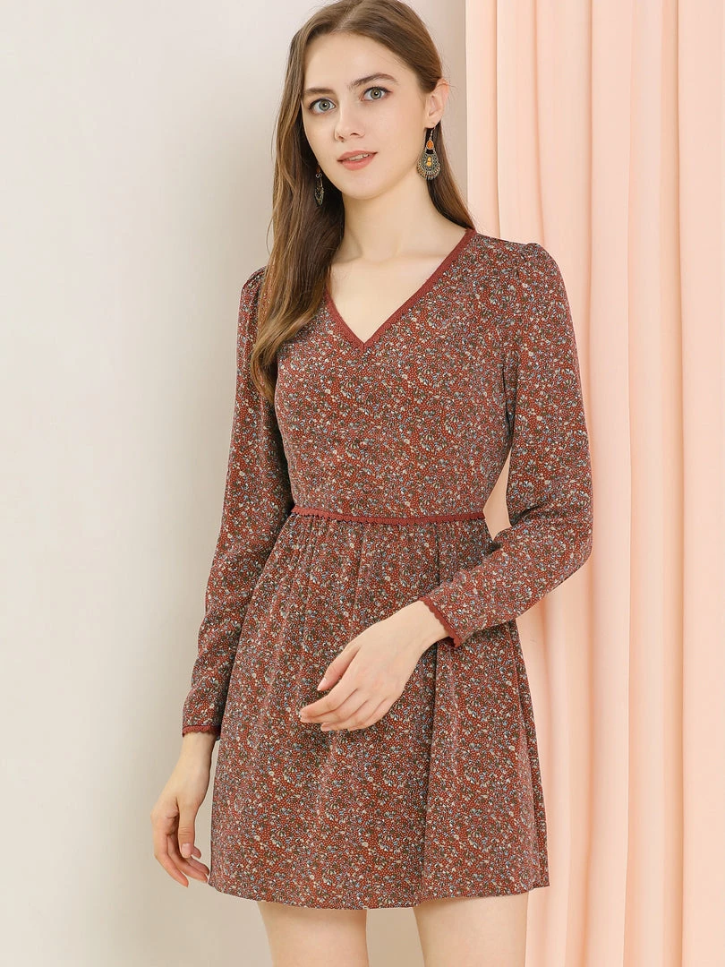 Allegra K Women's Floral V Neck Lace Trim Button Decor Prairie Dress 7 Allegra K Women's Floral V Neck Lace Trim Button Decor Prairie Dress