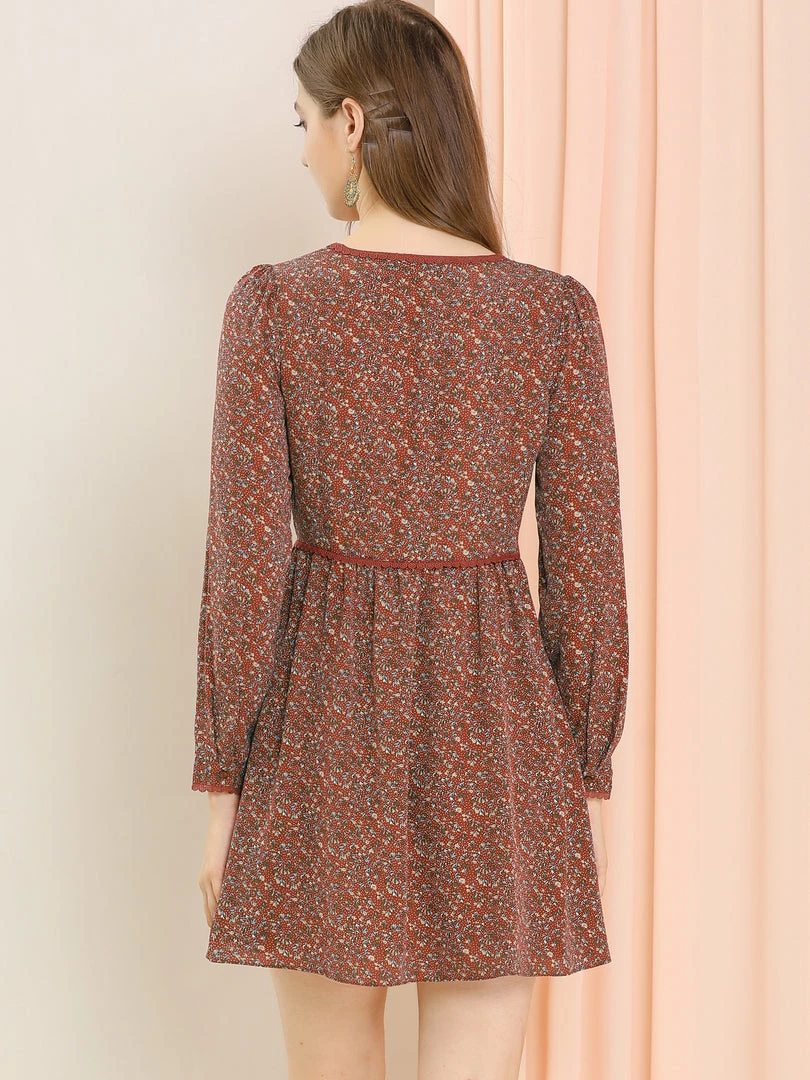 Allegra K Women's Floral V Neck Lace Trim Button Decor Prairie Dress 8 Allegra K Women's Floral V Neck Lace Trim Button Decor Prairie Dress