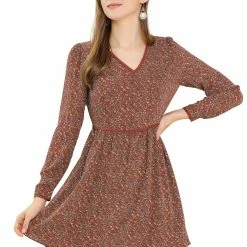Allegra K Women's Floral V Neck Lace Trim Button Decor Prairie Dress