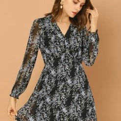 Allegra K Women's V Neck Dress Floral Chiffon Long Sleeve Spring Mini Dress