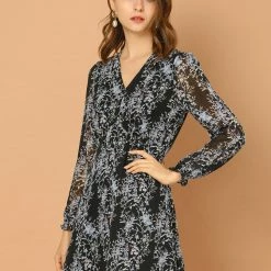 Allegra K Women's V Neck Dress Floral Chiffon Long Sleeve Spring Mini Dress