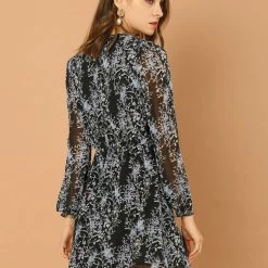 Allegra K Women's V Neck Dress Floral Chiffon Long Sleeve Spring Mini Dress