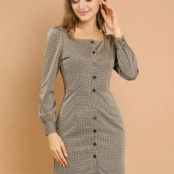 Allegra K Women's Vintage Square Neck Button Up Puff Long Sleeve Plaid Houndstooth Printed Dress